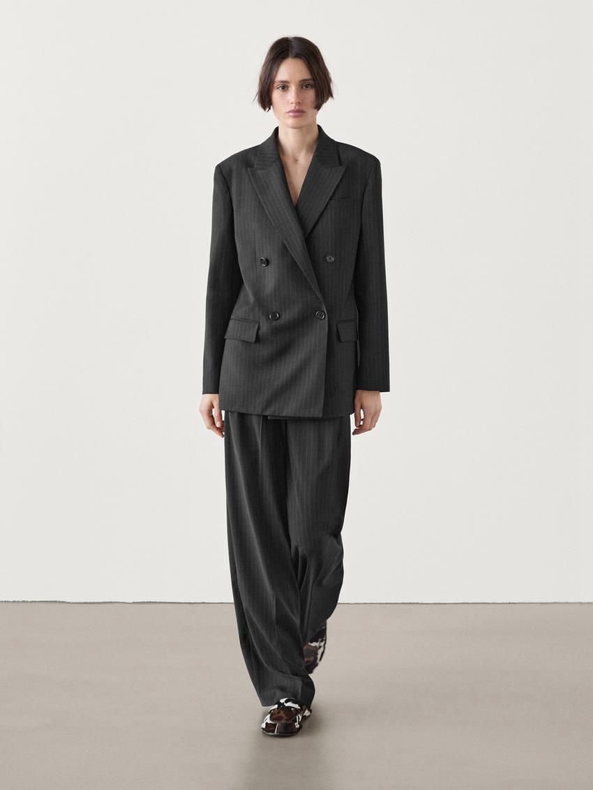 Massimo Dutti Double-breasted Pinstripe Women Blazer Dark Grey | US-KD6298453