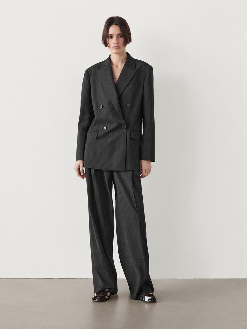 Massimo Dutti Double-breasted Pinstripe Women Blazer Dark Grey | US-KD6298453