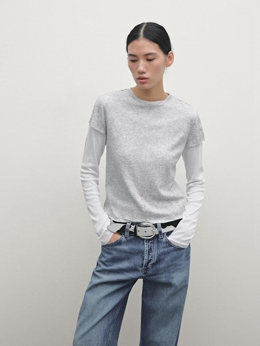 Massimo Dutti Double-layer Cotton Women T-Shirt Grey | US-PU8937126