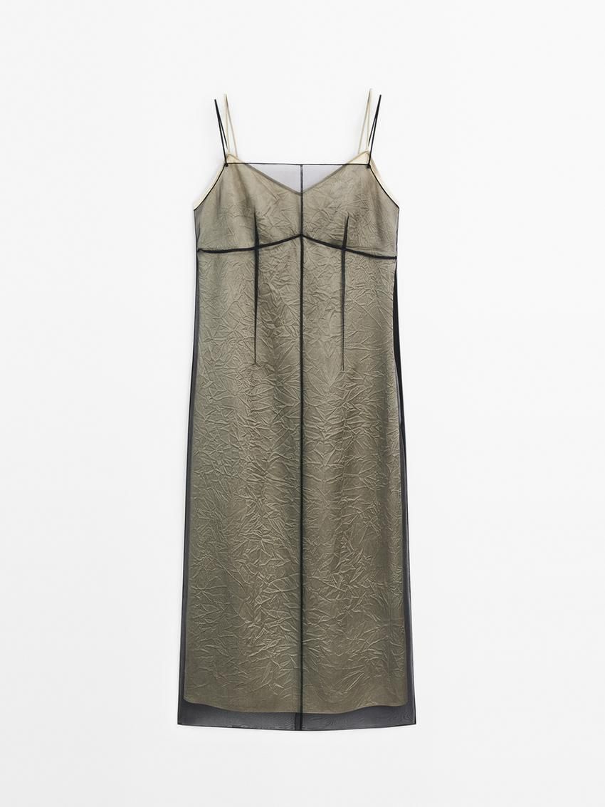 Massimo Dutti Double-layer Organza Midi Women Dress Black / Cream | US-WH7348610