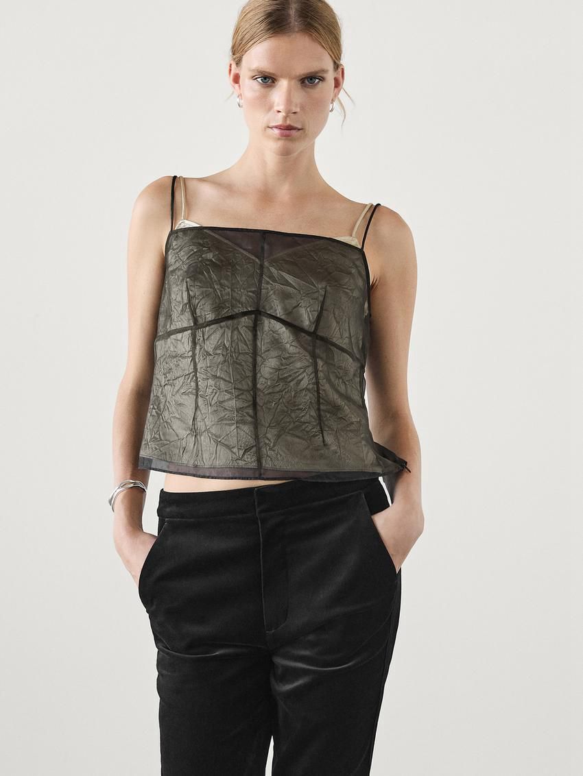 Massimo Dutti Double-layer Organza Women Top Black | US-QO7068194