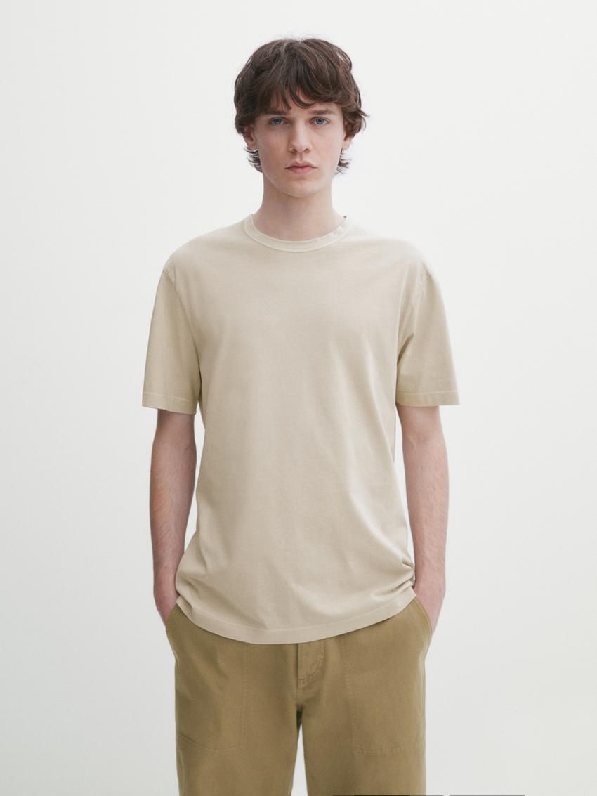 Massimo Dutti Dyed Effect Cotton Men T-Shirt Beige | US-AD1382645