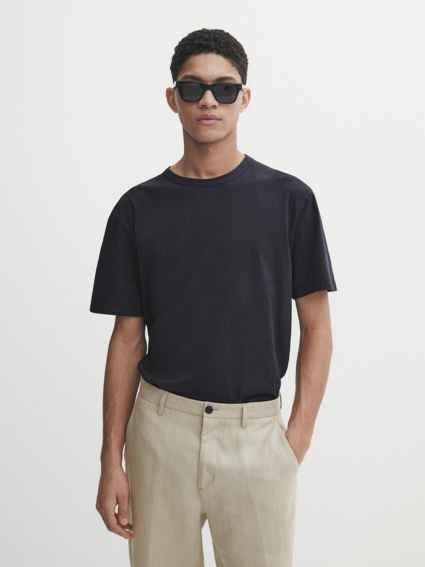 Massimo Dutti Dyed Effect Cotton Men T-Shirt Navy | US-SO8219076
