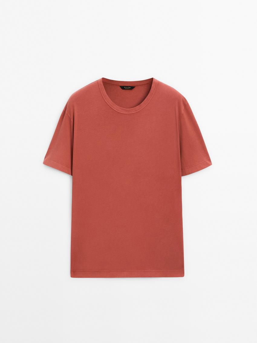 Massimo Dutti Dyed Effect Cotton Men T-Shirt Red Orange | US-YR5817460
