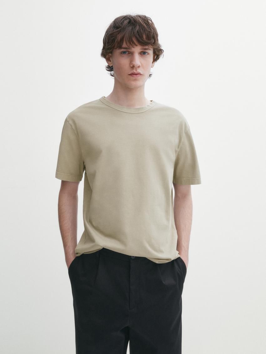 Massimo Dutti Dyed Effect Cotton Men T-Shirt Khaki | US-LI6783940