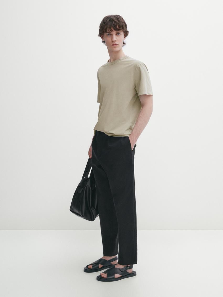 Massimo Dutti Dyed Effect Cotton Men T-Shirt Khaki | US-LI6783940