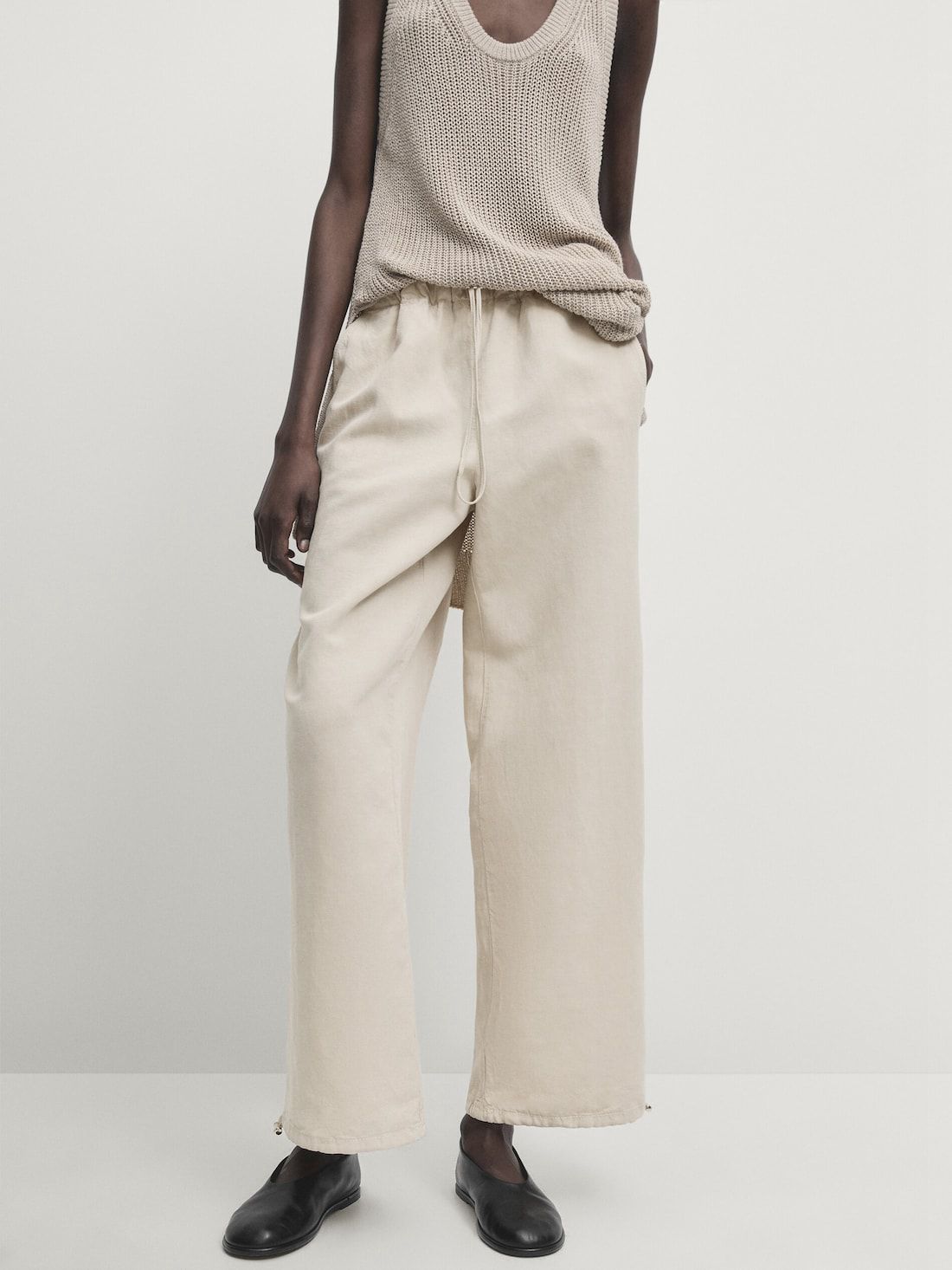 Massimo Dutti Elasticated Waistband And Adjustable Hems Women Trousers Beige | US-GZ3258941