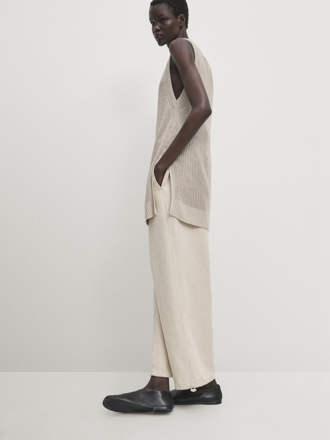 Massimo Dutti Elasticated Waistband And Adjustable Hems Women Trousers Beige | US-GZ3258941