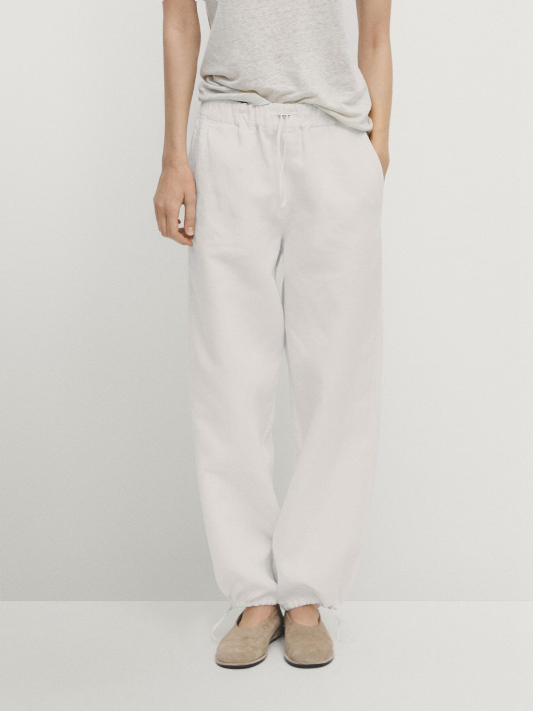 Massimo Dutti Elasticated Waistband And Adjustable Hems Women Trousers White | US-ZH2418657