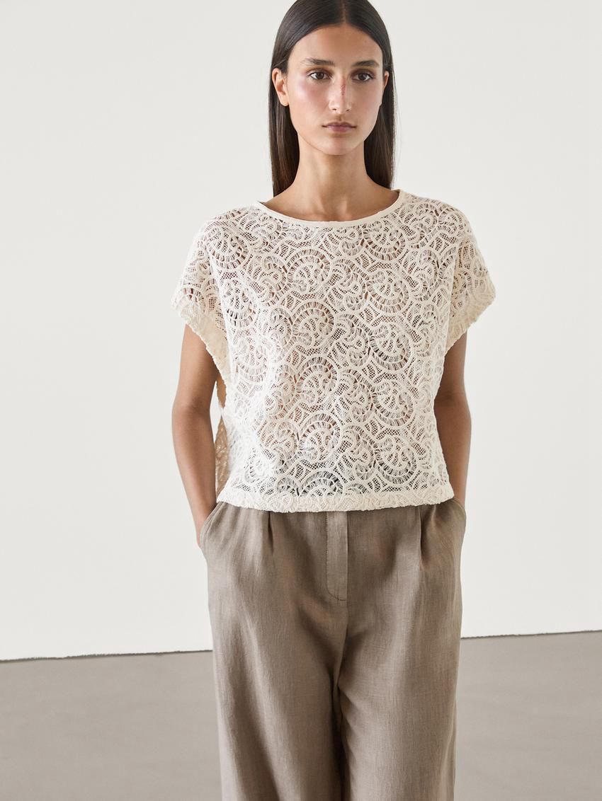 Massimo Dutti Embroidered Crochet Women Top Cream | US-LR2816405