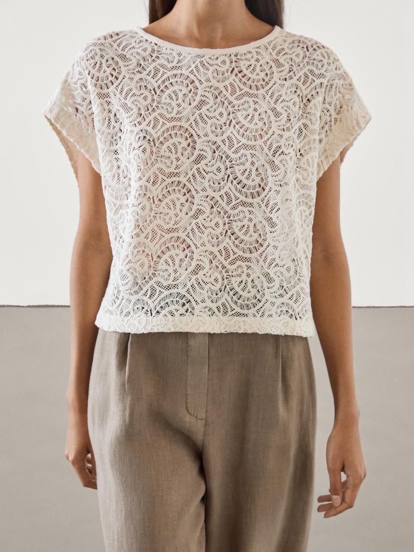 Massimo Dutti Embroidered Crochet Women Top Cream | US-LR2816405