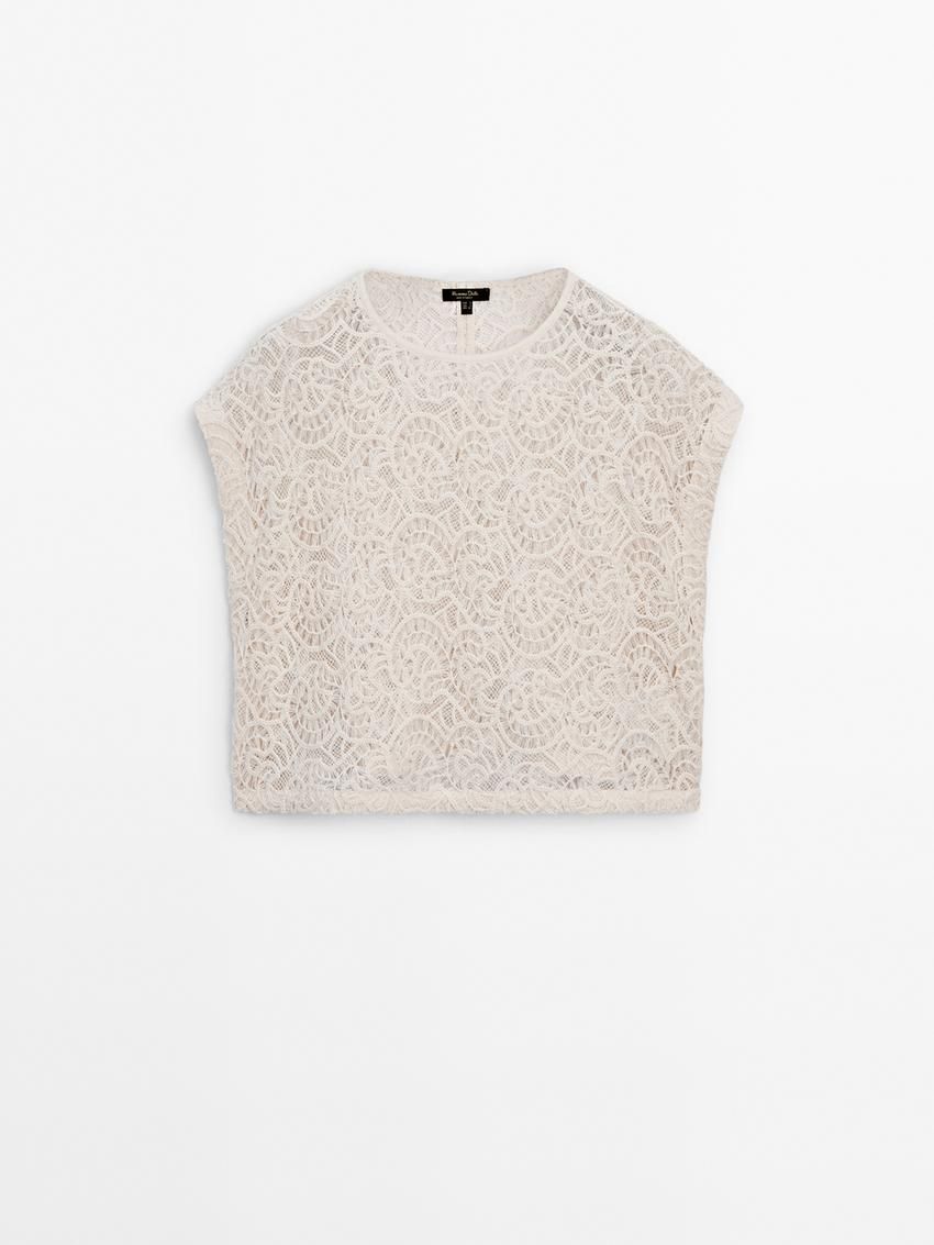 Massimo Dutti Embroidered Crochet Women Top Cream | US-LR2816405