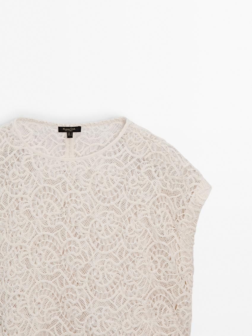 Massimo Dutti Embroidered Crochet Women Top Cream | US-LR2816405