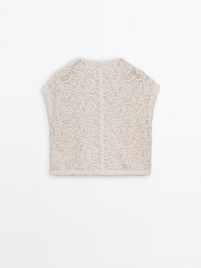 Massimo Dutti Embroidered Crochet Women Top Cream | US-LR2816405
