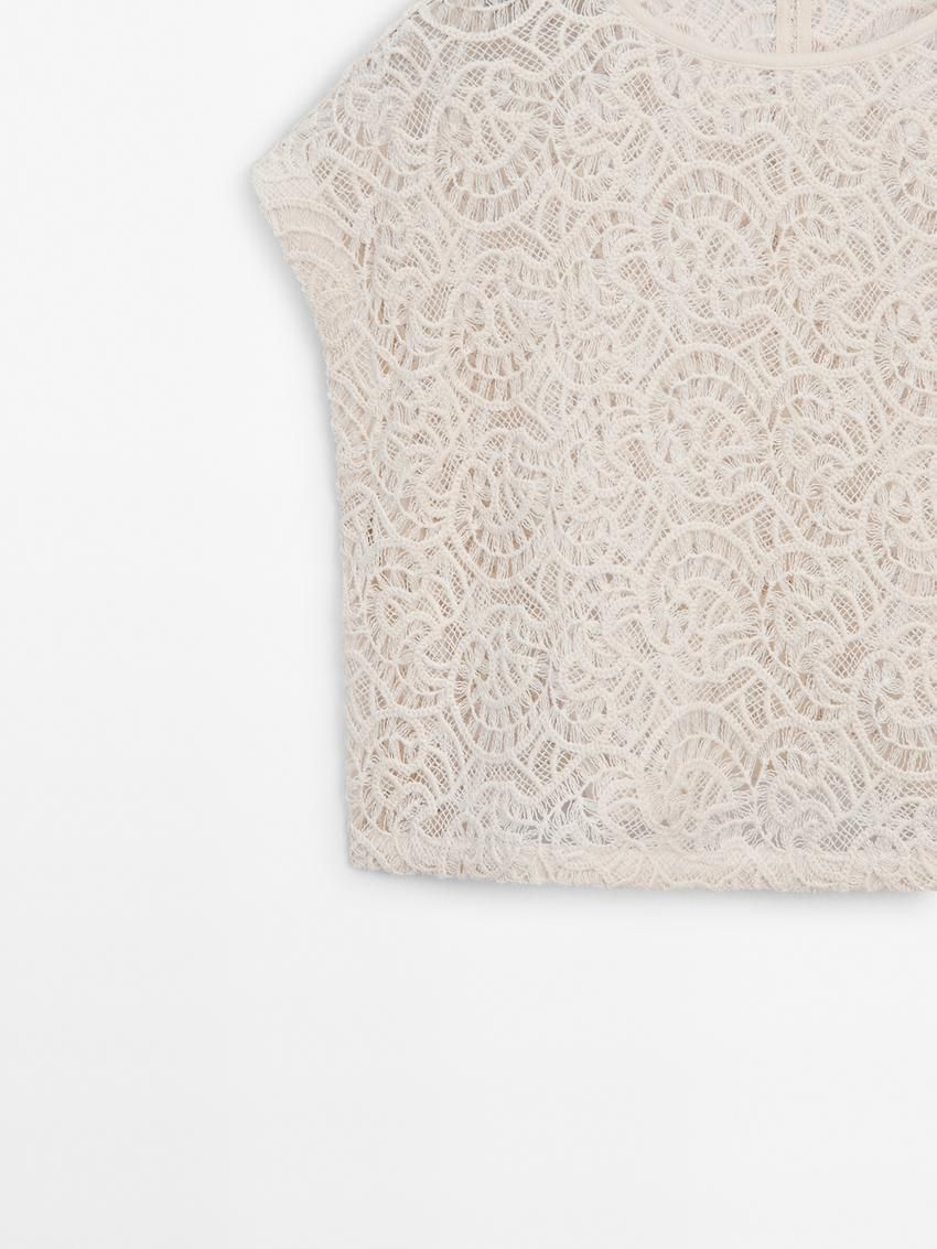 Massimo Dutti Embroidered Crochet Women Top Cream | US-LR2816405