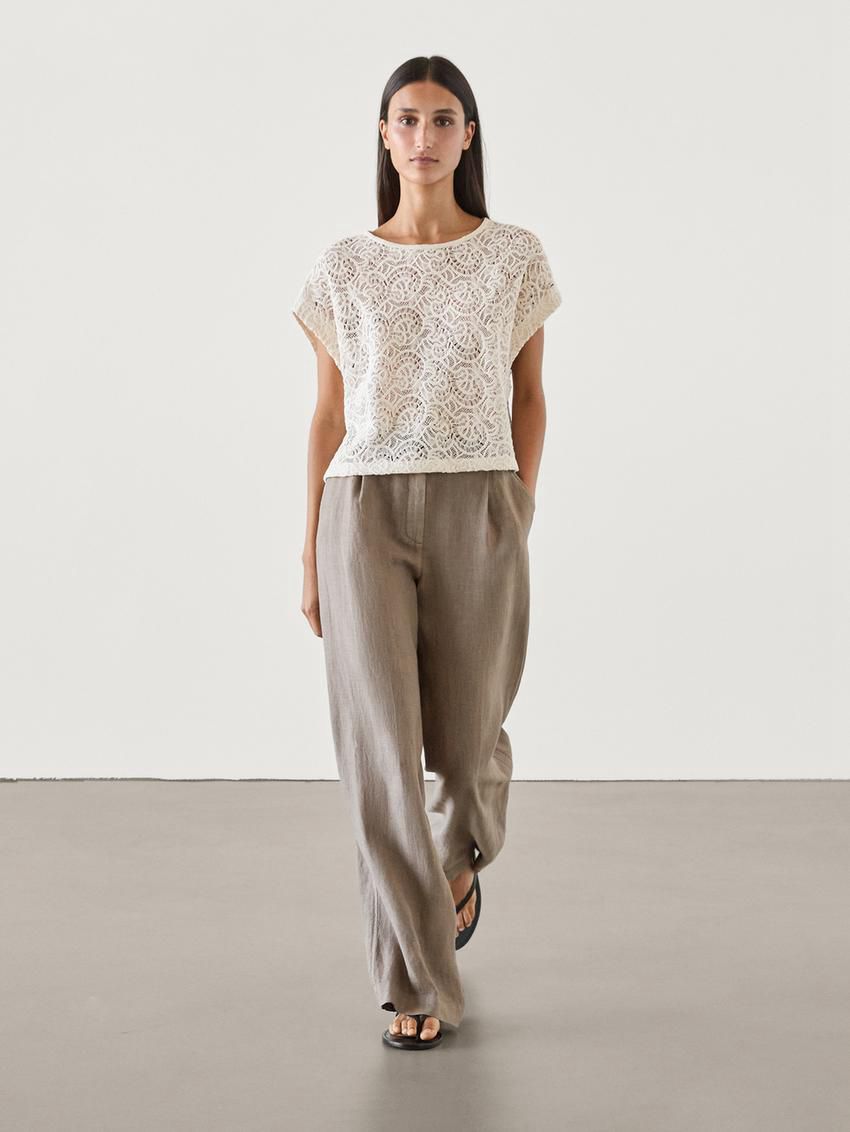 Massimo Dutti Embroidered Crochet Women Top Cream | US-LR2816405