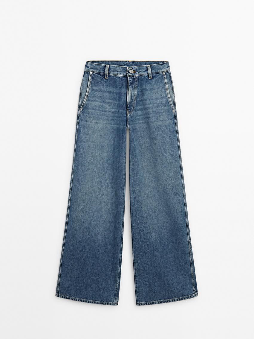 Massimo Dutti Faded Wide-leg Relaxed Fit Women Jeans Blue | US-DC6874209
