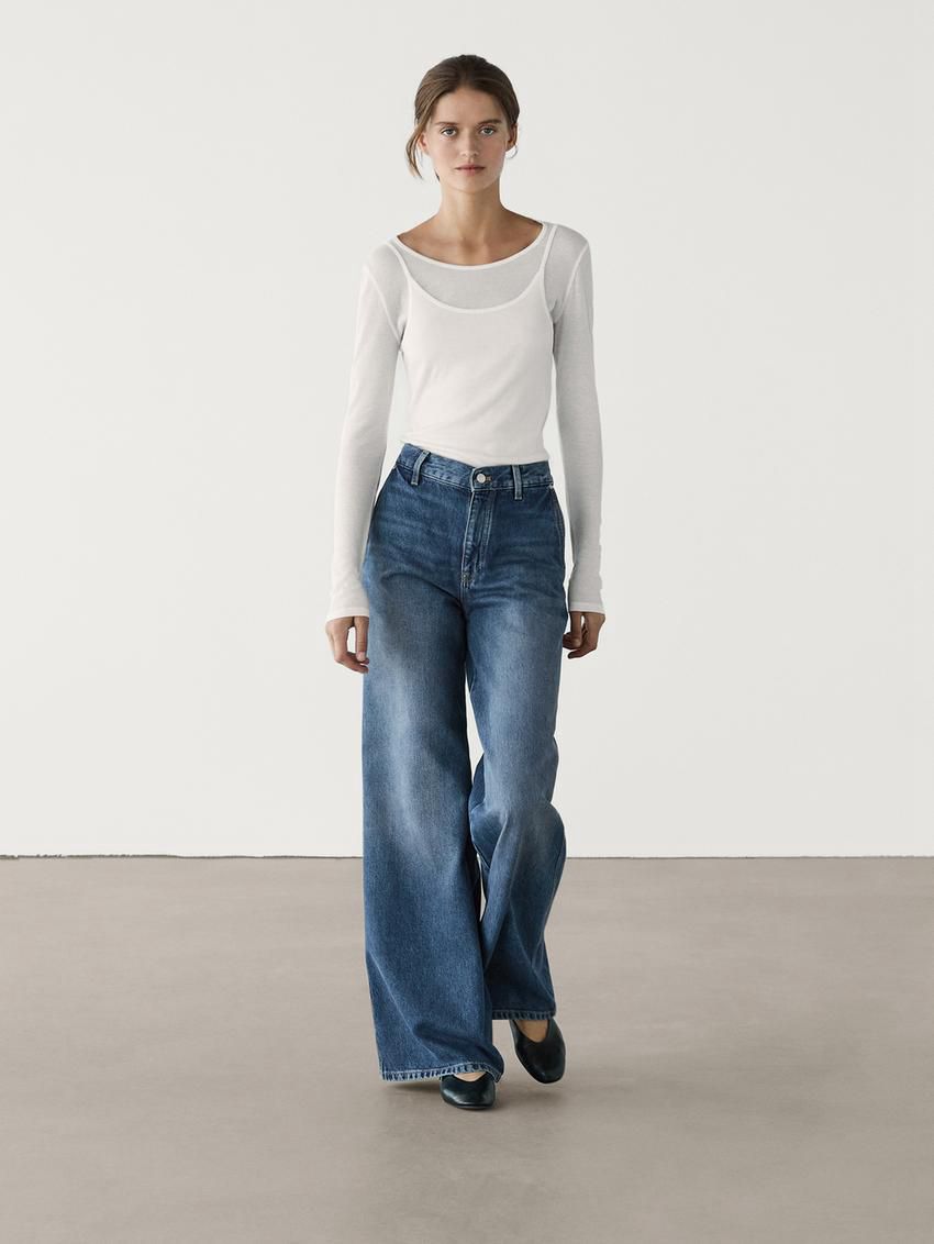 Massimo Dutti Faded Wide-leg Relaxed Fit Women Jeans Blue | US-DC6874209