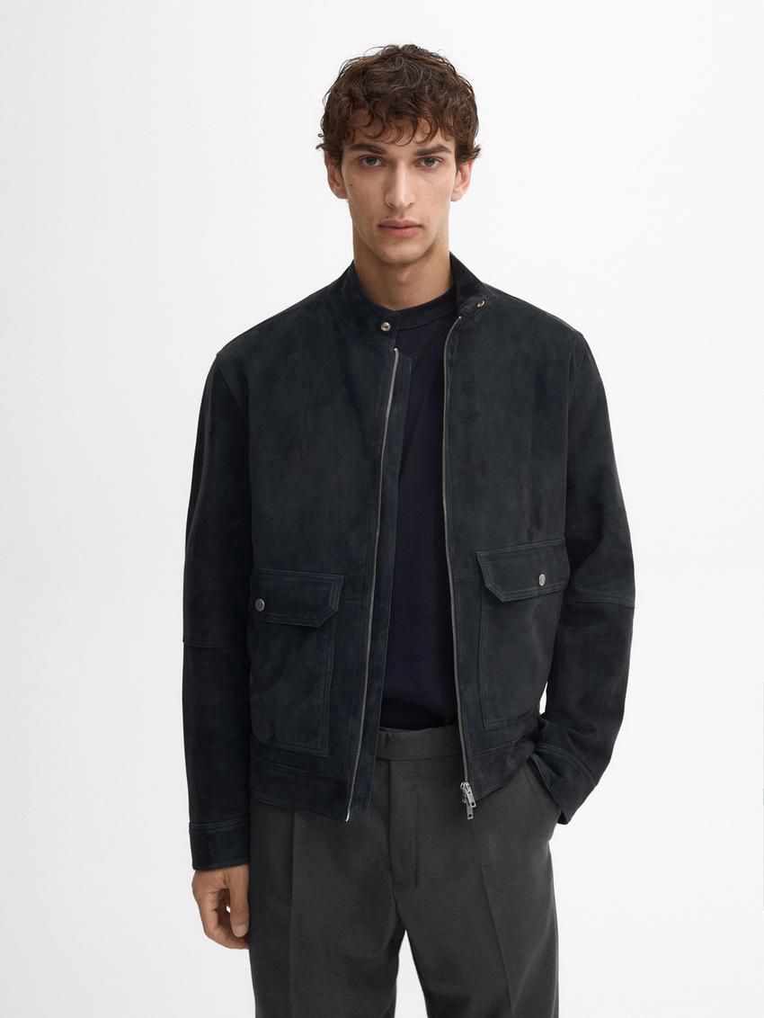 Massimo Dutti Faded-effect Suede Men Leather Jacket Indigo | US-HL9085234
