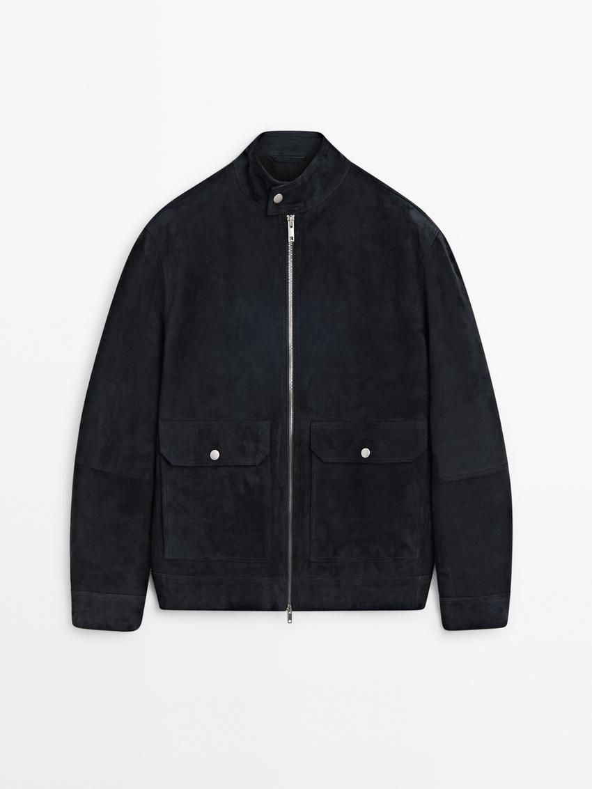 Massimo Dutti Faded-effect Suede Men Leather Jacket Indigo | US-HL9085234