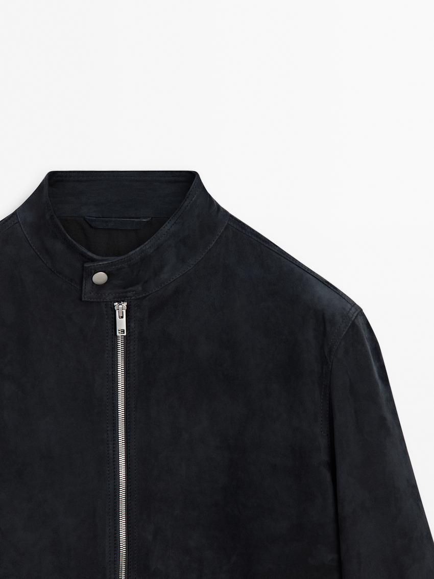 Massimo Dutti Faded-effect Suede Men Leather Jacket Indigo | US-HL9085234