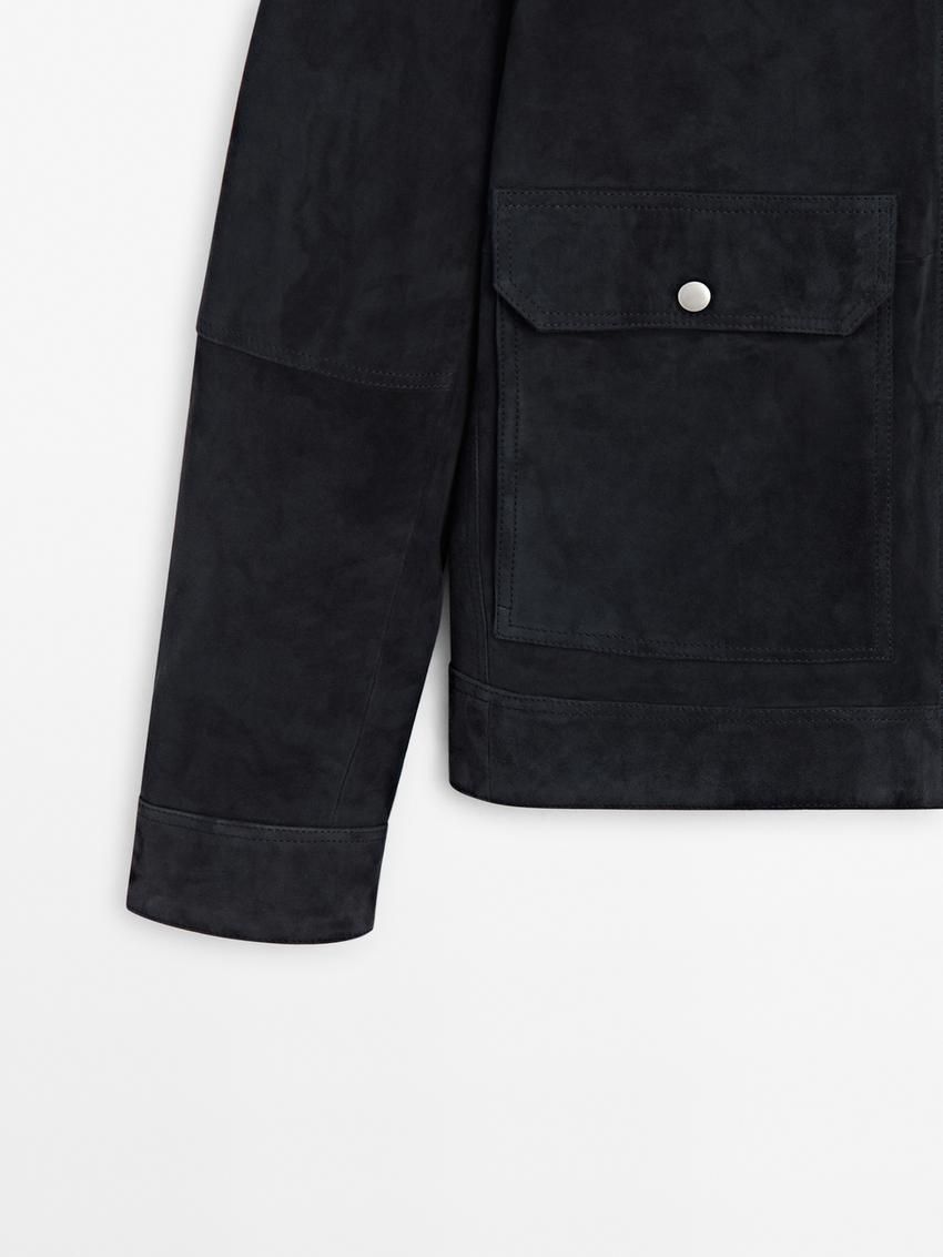 Massimo Dutti Faded-effect Suede Men Leather Jacket Indigo | US-HL9085234