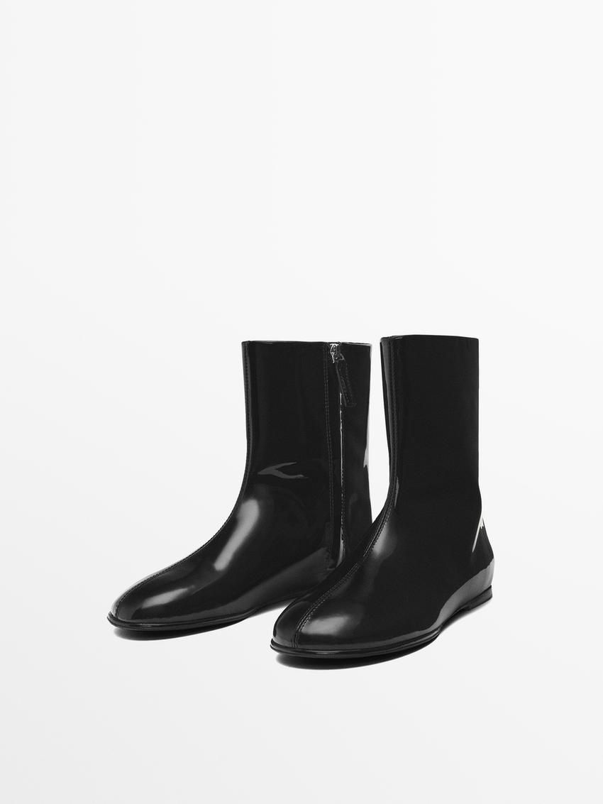 Massimo Dutti Faux-patent Finish Flat Women Ankle Boots Black | US-KB4731680