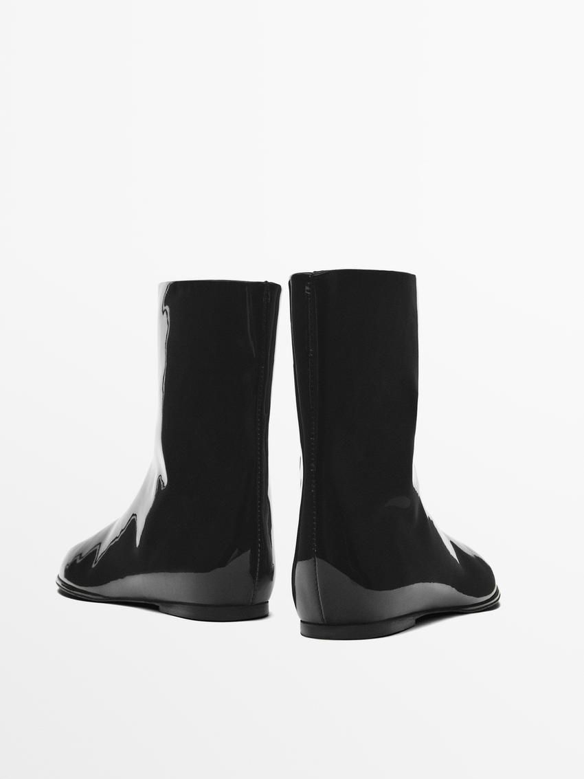 Massimo Dutti Faux-patent Finish Flat Women Ankle Boots Black | US-KB4731680