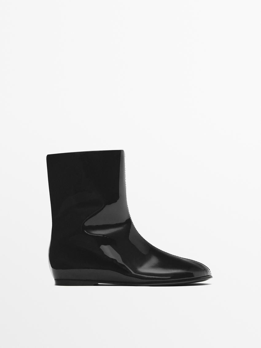 Massimo Dutti Faux-patent Finish Flat Women Ankle Boots Black | US-KB4731680