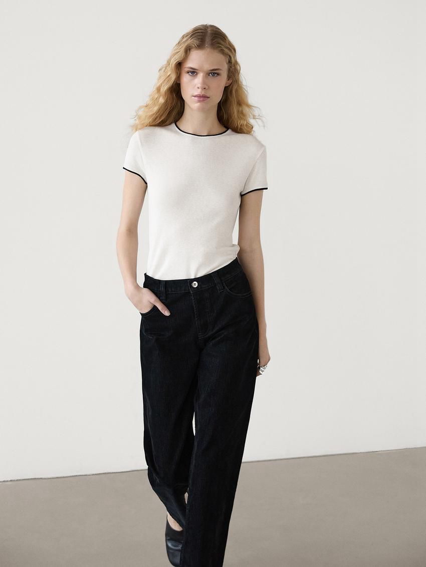 Massimo Dutti Fine Contrast Women T-Shirt Cream | US-JT4076312
