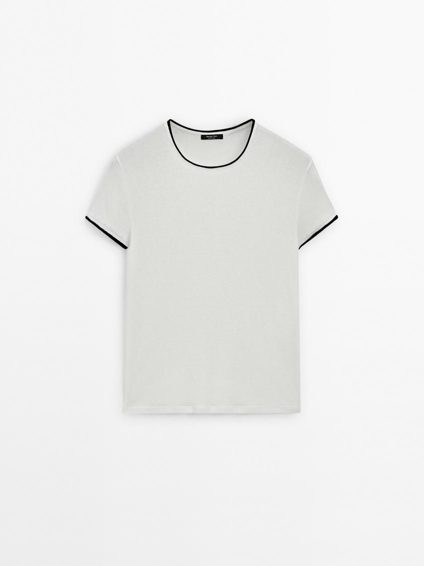 Massimo Dutti Fine Contrast Women T-Shirt Cream | US-JT4076312