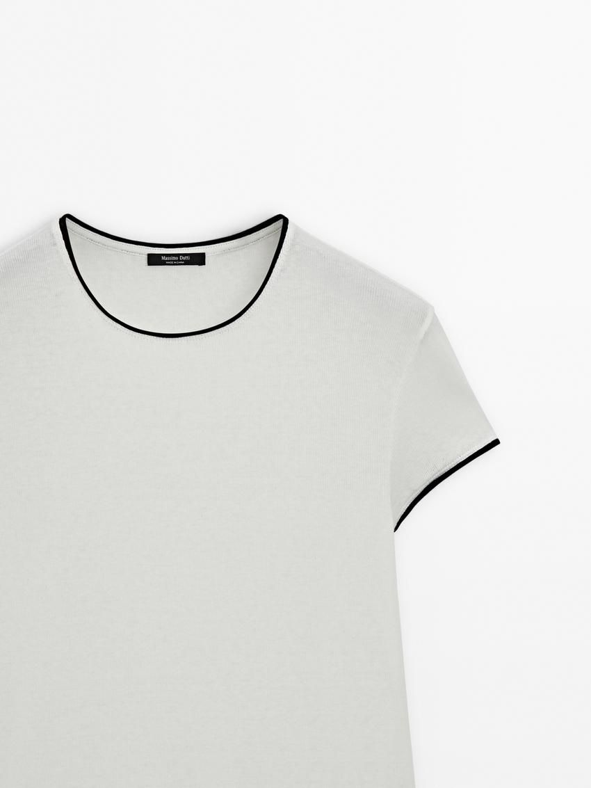 Massimo Dutti Fine Contrast Women T-Shirt Cream | US-JT4076312