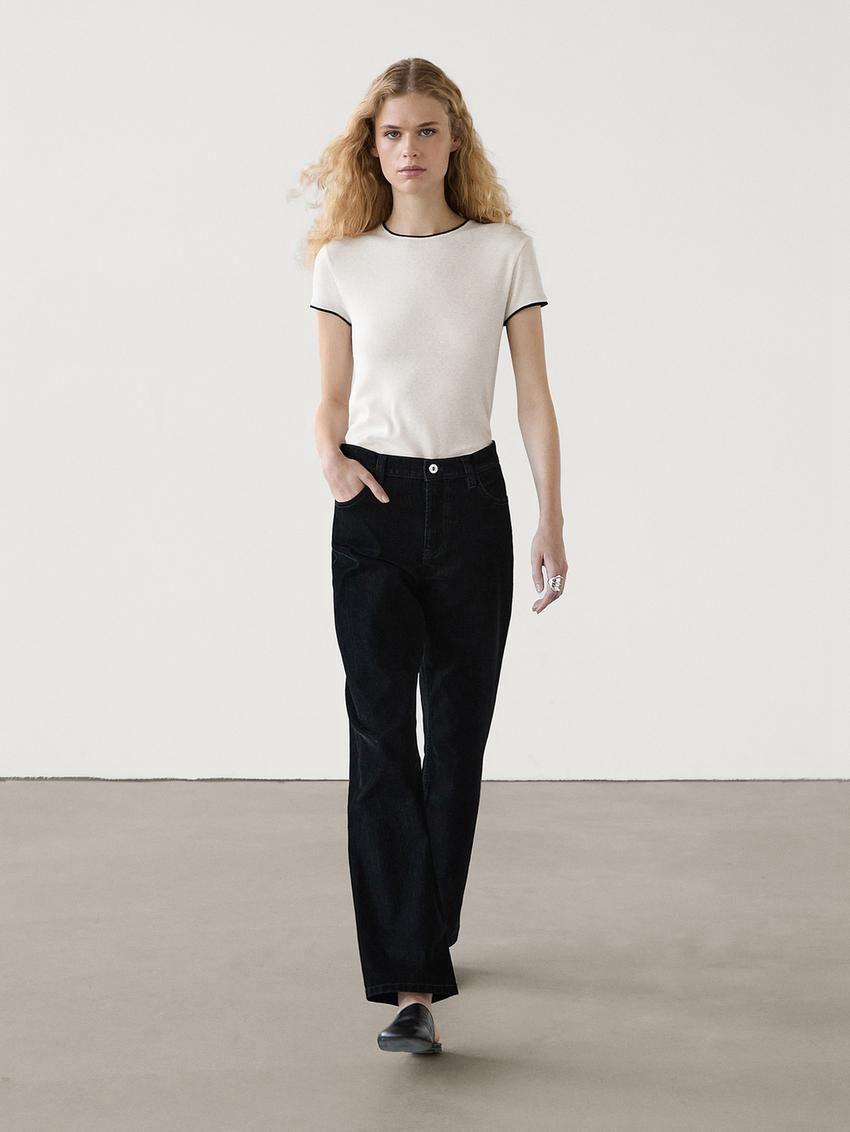 Massimo Dutti Fine Contrast Women T-Shirt Cream | US-JT4076312
