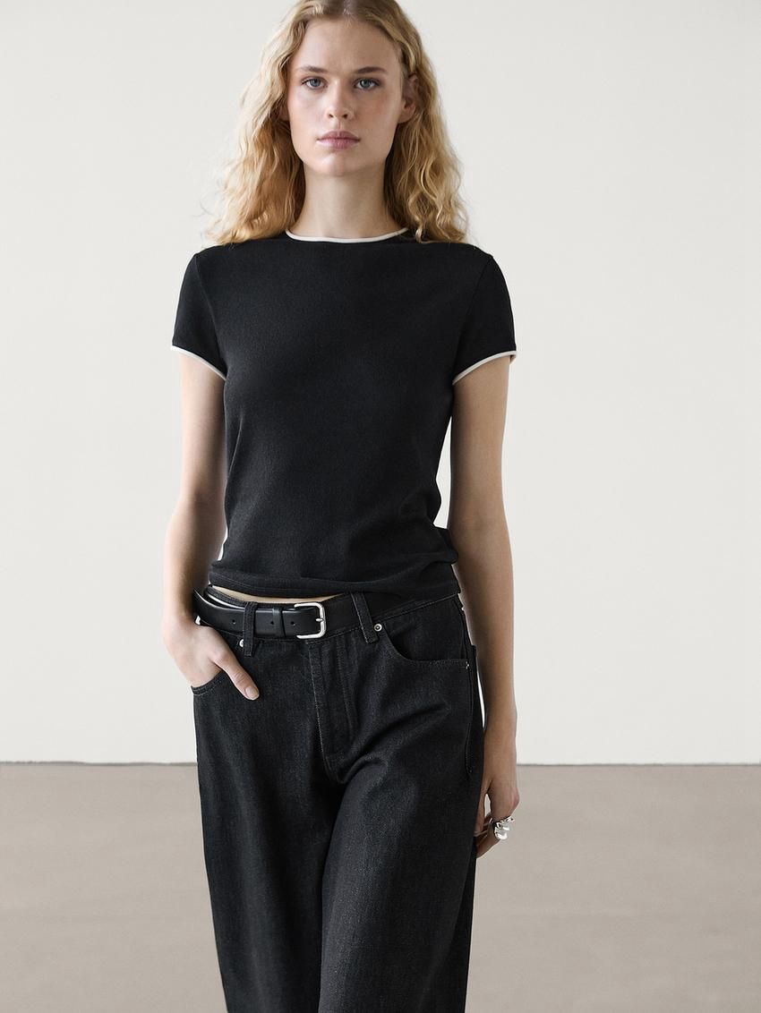 Massimo Dutti Fine Contrast Women T-Shirt Black | US-OU4159023