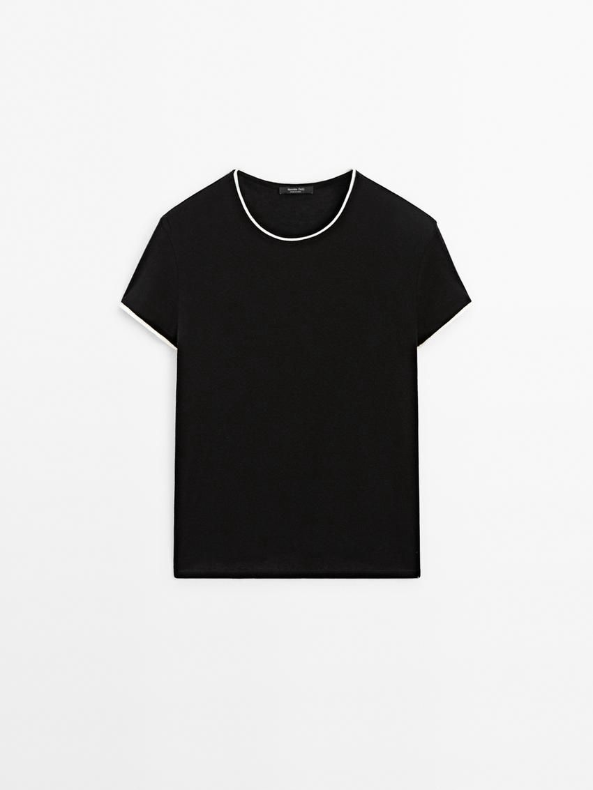 Massimo Dutti Fine Contrast Women T-Shirt Black | US-OU4159023