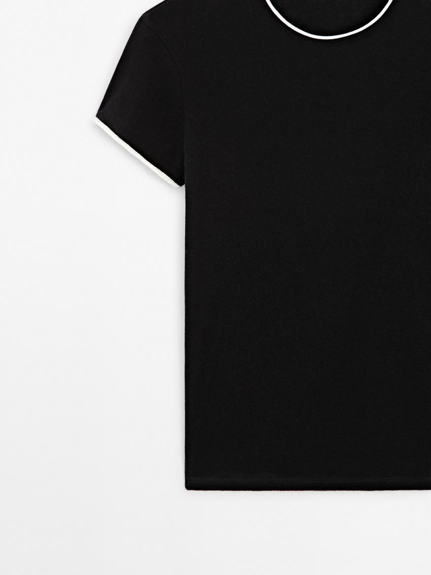 Massimo Dutti Fine Contrast Women T-Shirt Black | US-OU4159023