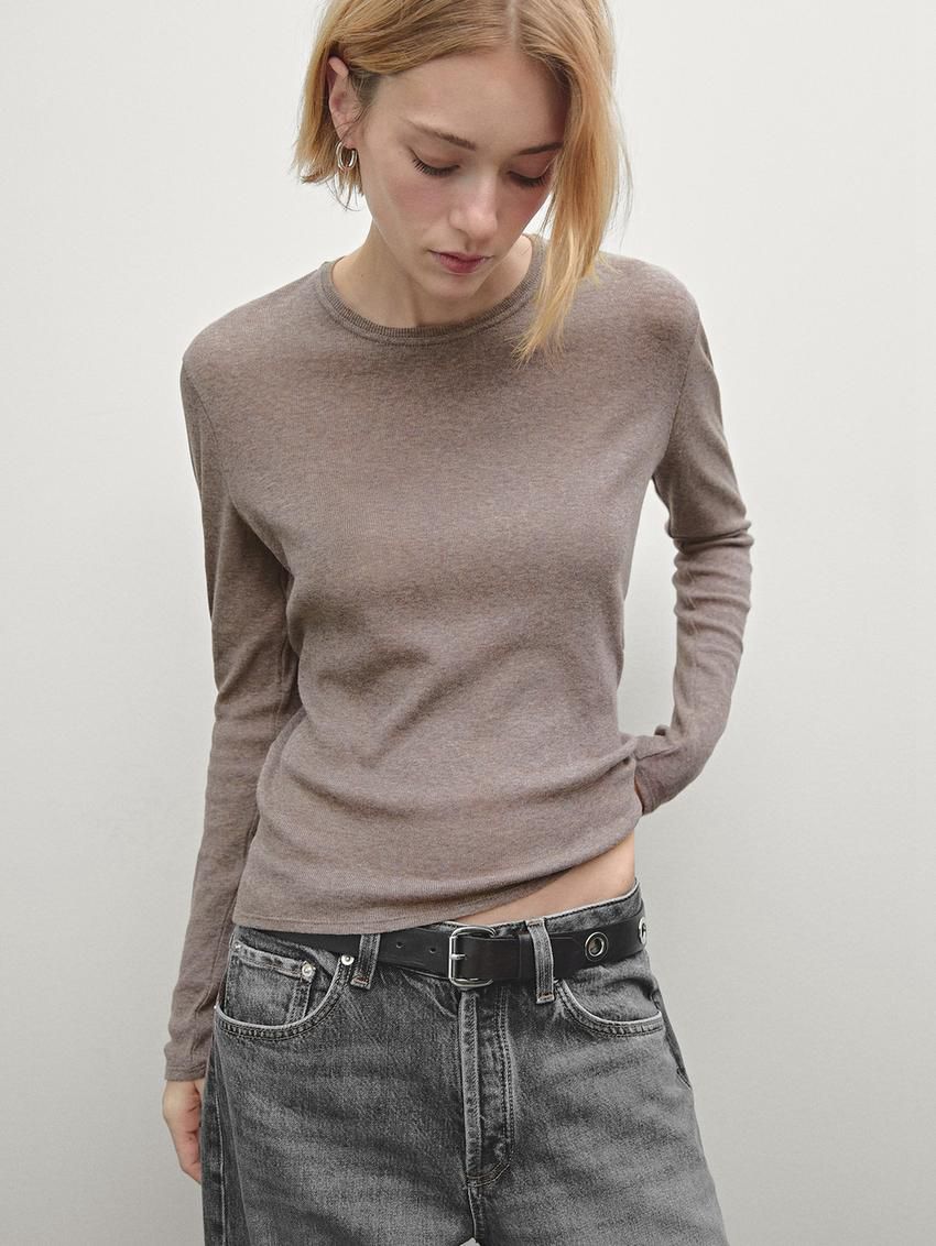 Massimo Dutti Fine Crew Neck Women T-Shirt Brown Beige | US-VG1423978