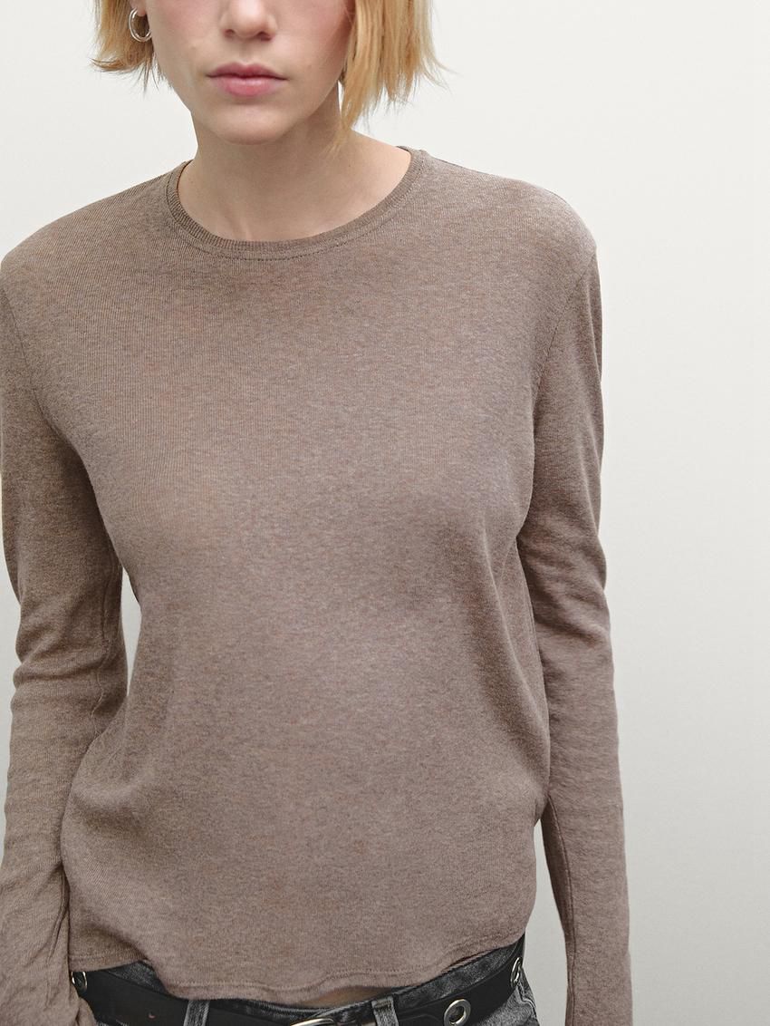 Massimo Dutti Fine Crew Neck Women T-Shirt Brown Beige | US-VG1423978