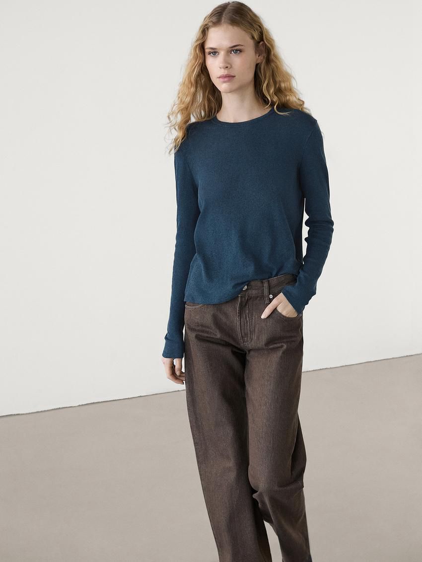 Massimo Dutti Fine Crew Neck Women T-Shirt Dark Blue | US-HS8259143
