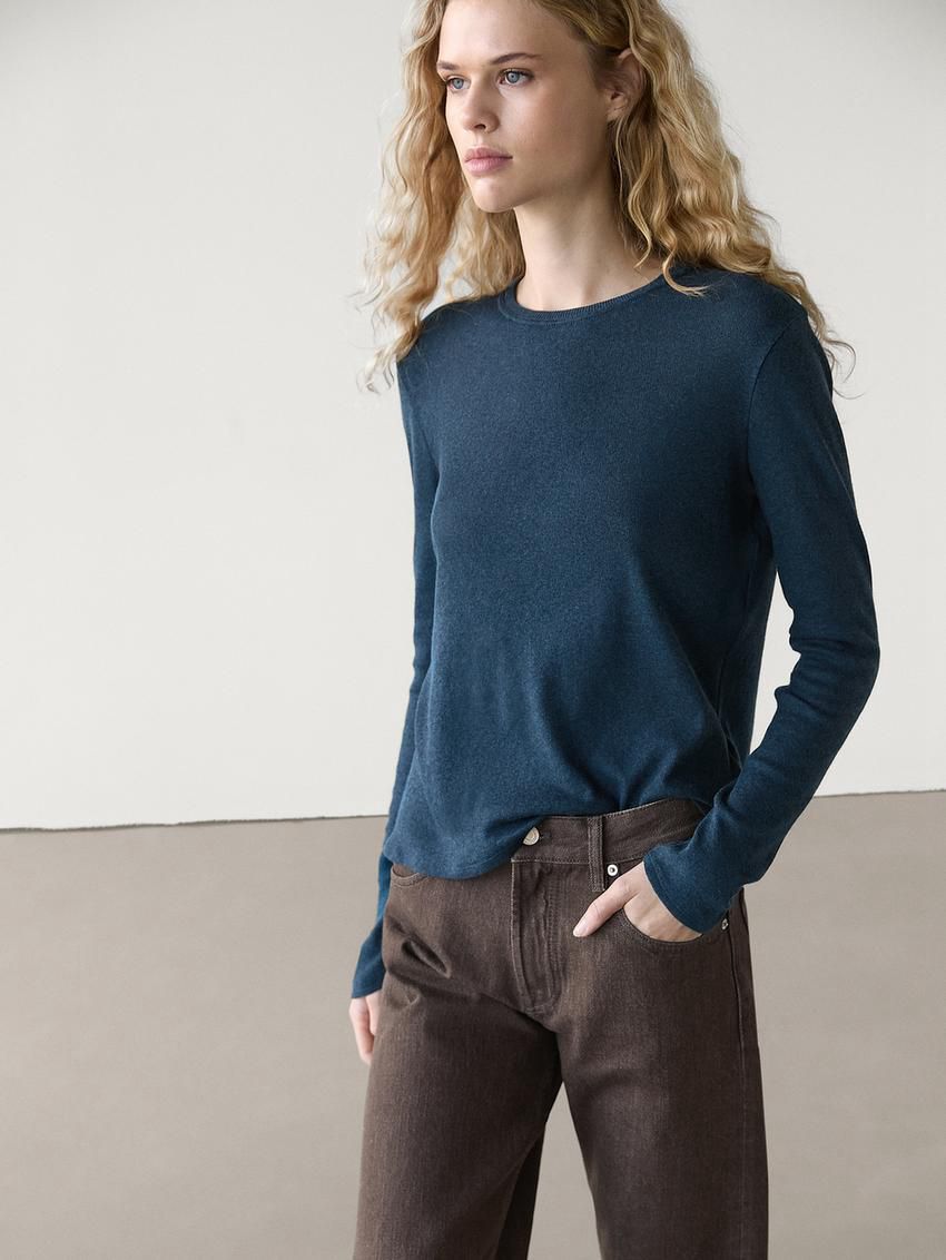 Massimo Dutti Fine Crew Neck Women T-Shirt Dark Blue | US-HS8259143