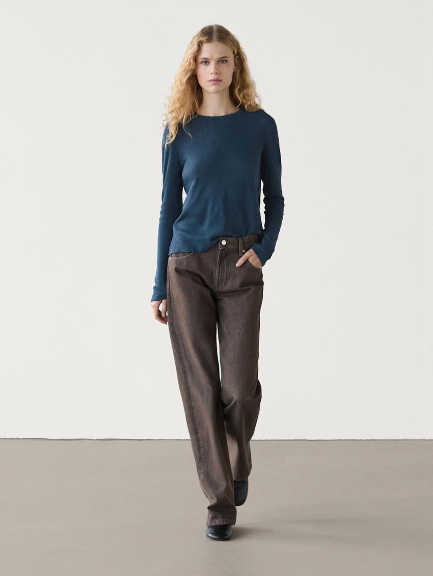 Massimo Dutti Fine Crew Neck Women T-Shirt Dark Blue | US-HS8259143