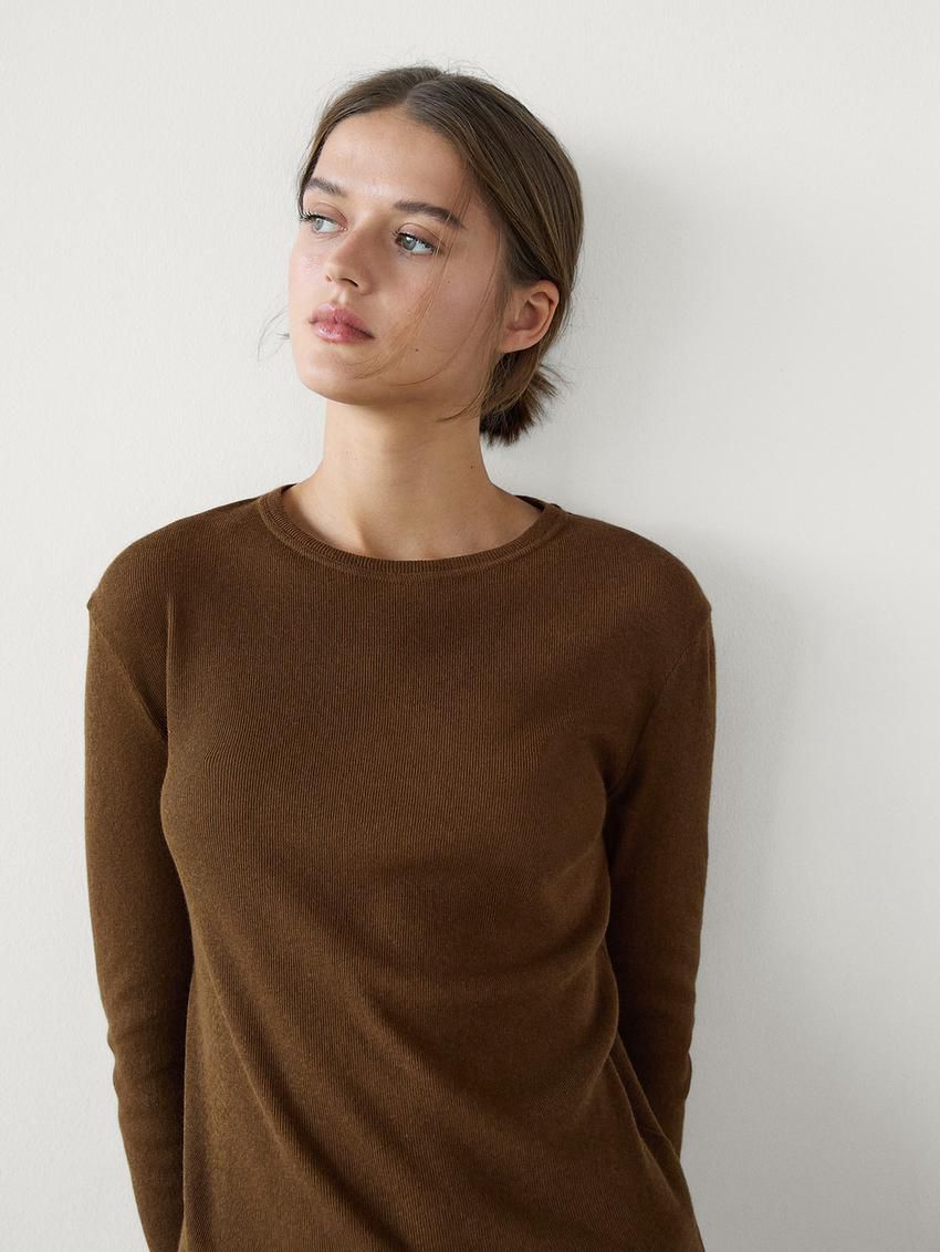 Massimo Dutti Fine Crew Neck Women T-Shirt Dark Brown | US-FB9671852