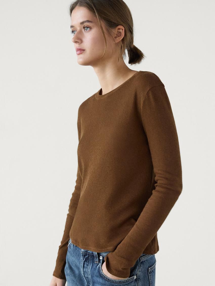 Massimo Dutti Fine Crew Neck Women T-Shirt Dark Brown | US-FB9671852