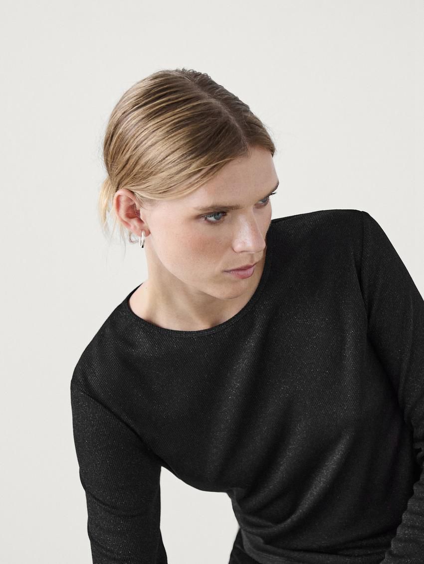 Massimo Dutti Fine Ribbed Women T-Shirt Black | US-ZC1506927