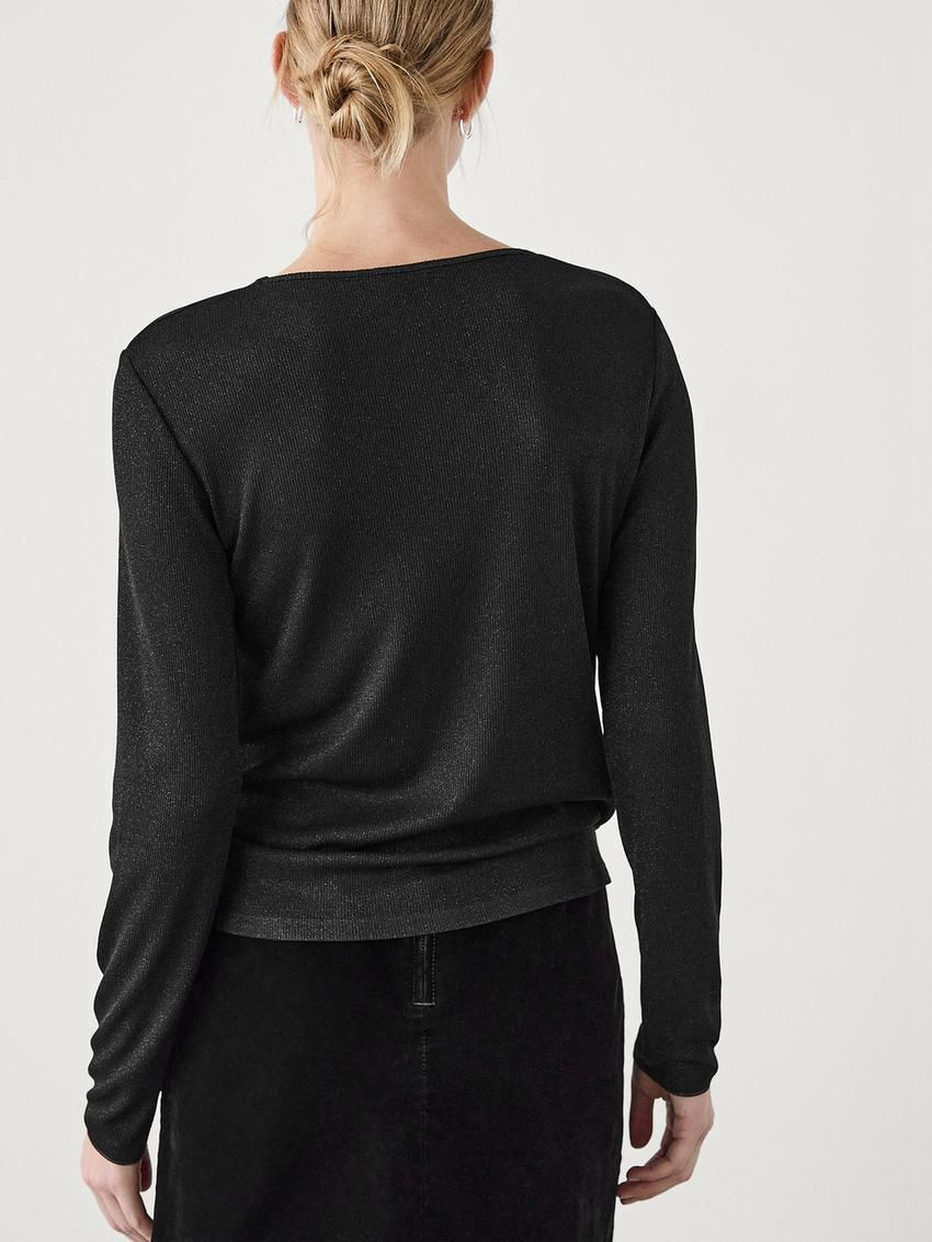 Massimo Dutti Fine Ribbed Women T-Shirt Black | US-ZC1506927