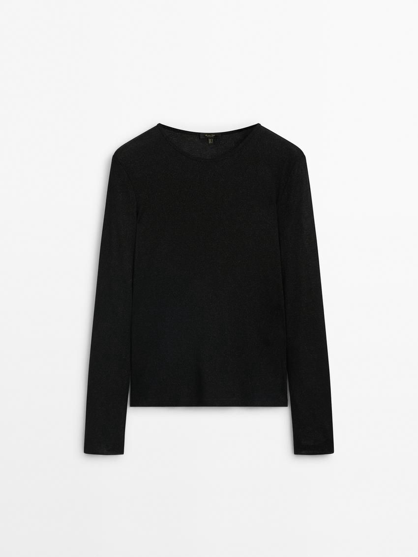 Massimo Dutti Fine Ribbed Women T-Shirt Black | US-ZC1506927