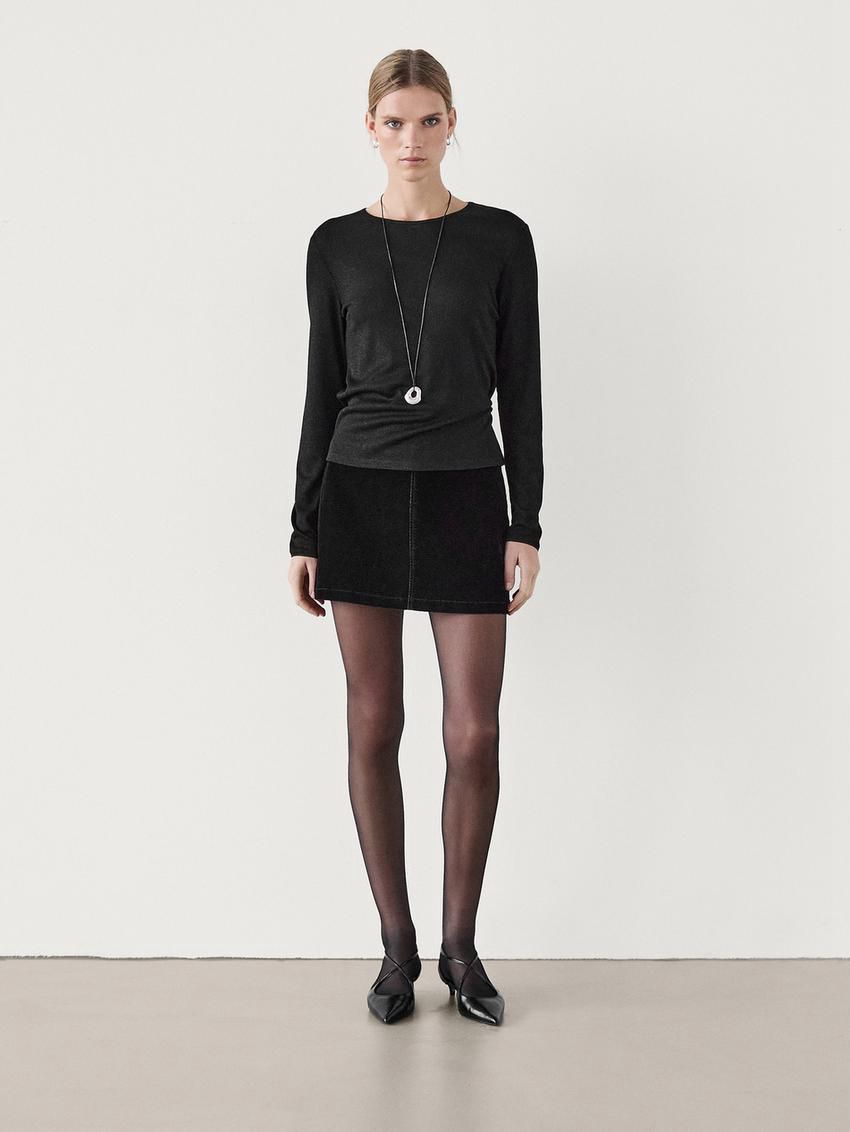 Massimo Dutti Fine Ribbed Women T-Shirt Black | US-ZC1506927