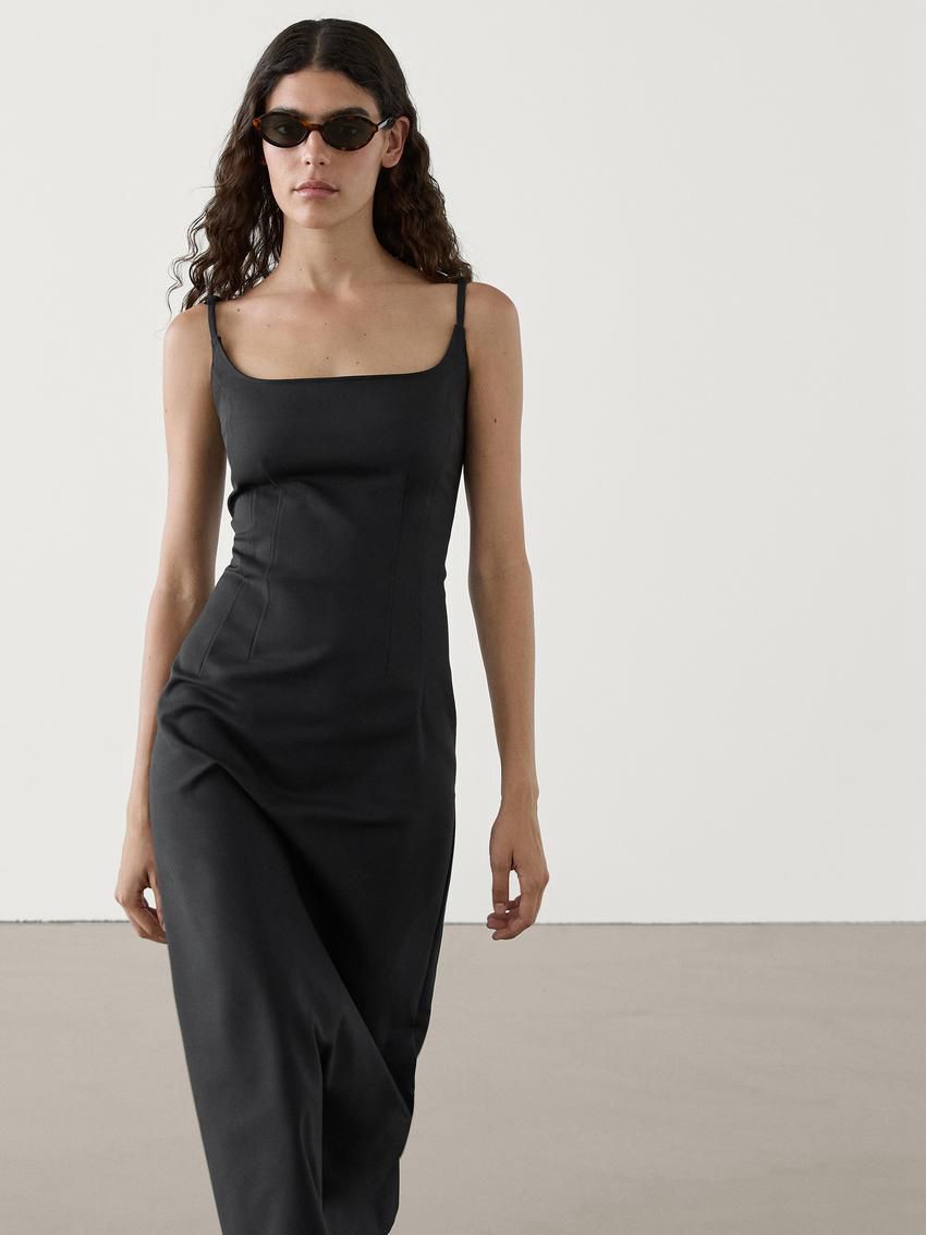 Massimo Dutti Fitted Midi With Adjustable Straps Women Dress Black | US-WE0718562