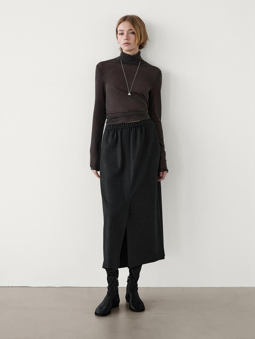 Massimo Dutti Flannel Midi Women Skirts Black | US-PB4693580