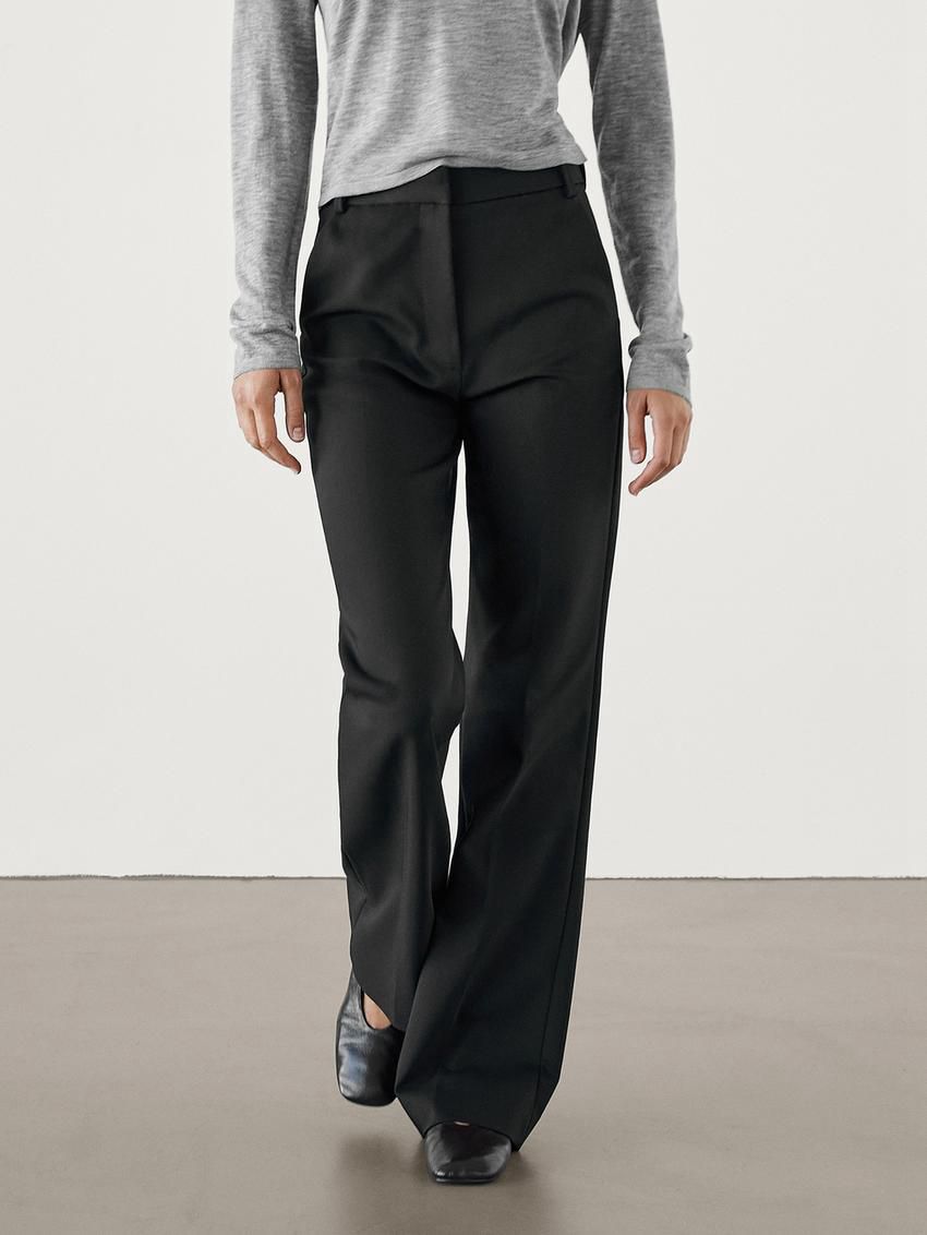 Massimo Dutti Flare Fit Full Length Technical Women Trousers Black | US-VT6780251